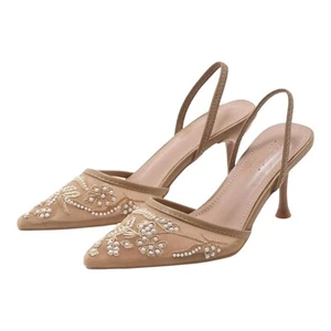 Damen-Slingback-Heels bestickt Netz beige Perlen Kätzchen Hochzeit rückenfrei 8 - Bild 1 von 6