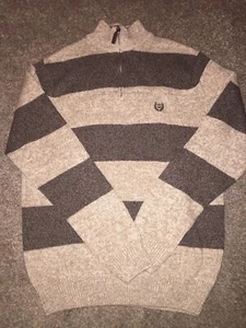 Mens Chaps Brown Tan Striped 1/4 Zip Sweater Knit Medium Mock Neck Elbow Pads - Picture 1 of 11