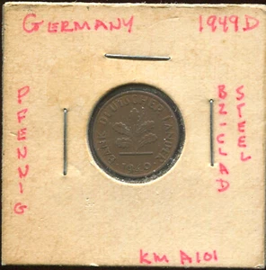 WORLD COINS GERMANY 1949D 1 PFENNIG (B972) CH EF BRONZE CLAD STEEL - Picture 1 of 3