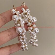6mm 14mm White South Sea Shell Pearl Round Beads Cluster Dangle Hook Earrings