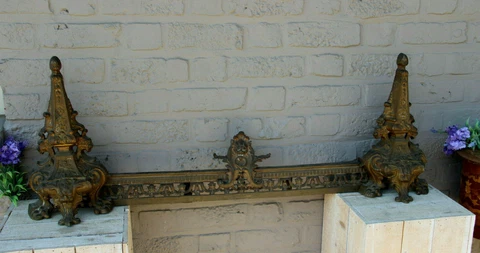 French antique bronze Fireplace andirons Set Lions gothic castle theme 19th c Cover