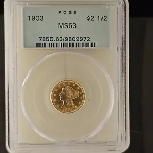 1903 GOLD $2.5 LIBERTY HEAD PCGS MS-63 QUARTER EAGLE GREEN LABEL (Bright Luster - Picture 1 of 5