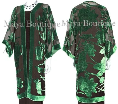 Chaqueta Kimono Larga Verde Seda Burnout Terciopelo Sin Flecos Maya Matazaro Foto 1 de 4