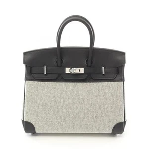 HERMES Birkin 25 Hand bag W Toile H Swift leather Beige Black Ecru SHW - Picture 1 of 8