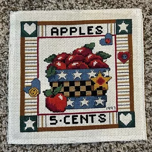 Vintage Completed Cross Stitch Primitive Americana Basket of Apples - Picture 1 of 2