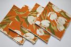 Vintage 70s Orange Tulip Floral Cloth Napkin Retro Mod Screenprint Fabric Set 4