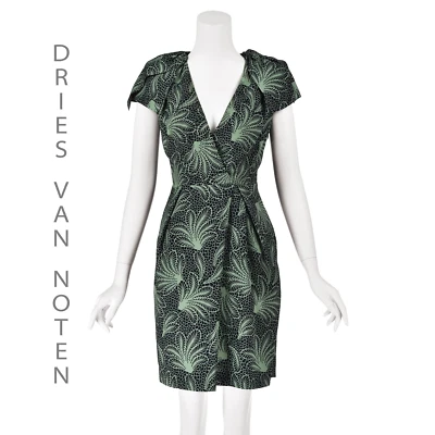 DRIES VAN NOTEN Black Crepe Faux Wrap Mini Dress with Green Foliate Print SZ 6 - Image 1 of 4