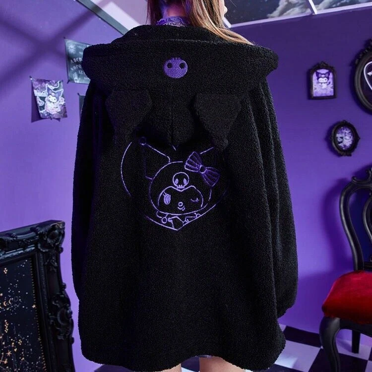 Kuromi Devil Causual Black Fleece Hooded Zipper Jacket Coat Girl Tops Sweatshirt - Image 1 of 4