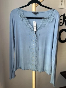 J. Camisa Crew Manga Larga Encaje Volantes NUEVA Azul Claro Para Mujer Talla XL G8 - Imagen 1 de 7