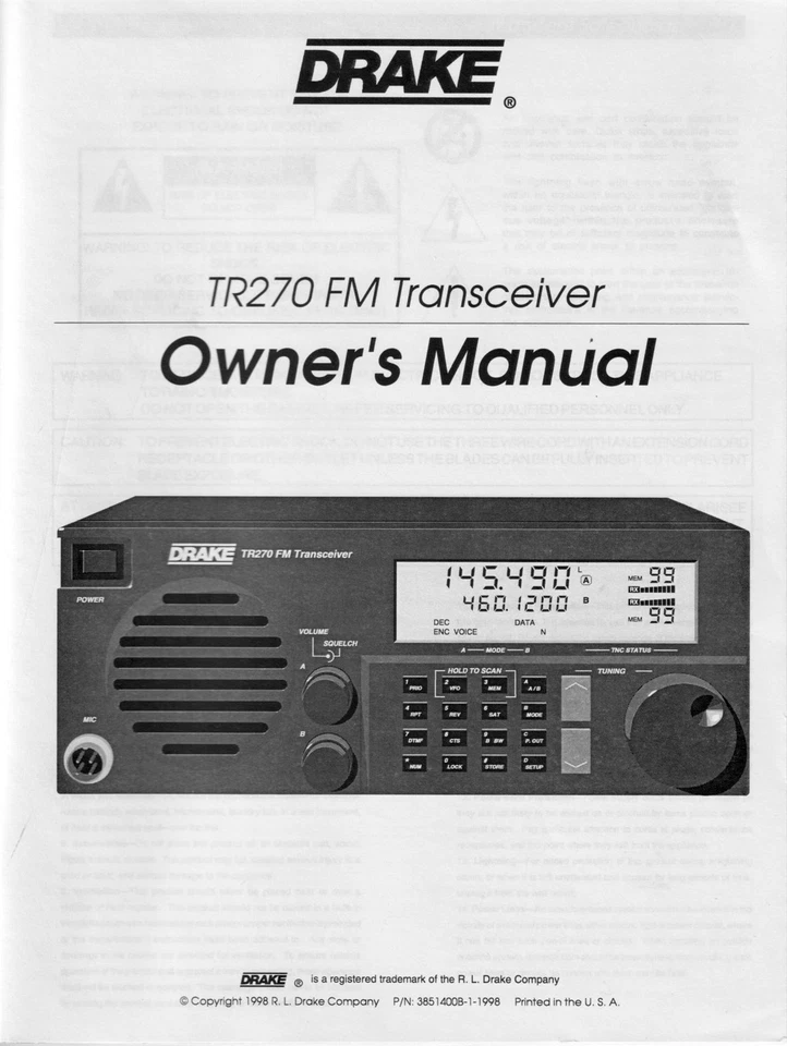 VERY RARE ORIGINAL DRAKE TR270 VHF/UHF FM TRANSCEIVER INSTRUCTION MANUAL - Image 1 of 1