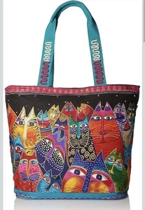 Laurel Burch Schultertasche Reißverschluss Top Fantasticats Katzenmotiv groß Strandtasche - Bild 1 von 8