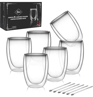 LIBWYS 6 Pack Double Walled HANDLELESS Glasses Mugs, Cappuccino Latte Tea