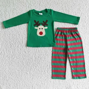Boys Reindeer Embroidery Shirt Stripe Pants Set 2pcs Christmas outfit - Picture 1 of 1