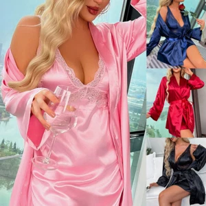 Set lingerie raso donna USA seta slip abito vestaglia pigiama camicia da notte biancheria intima - Foto 1 di 32