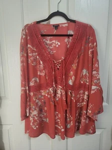 Torrid Womens Shirt Peasant Top Coral Print Cocheted Lace Up Long Sleeve 3X - Picture 1 of 8