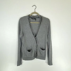 Daisy Fuentes Women Medium Long Sleeve Button Front Cardigan Sweater Gray Ruffle - Picture 1 of 11