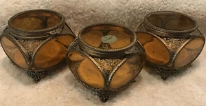 GUILDCREST 24 KT vergoldete Ormolu Sarg Vintage Menge 3 Fuß bernsteinfarben abgeschrägtes Glas - Bild 1 von 13