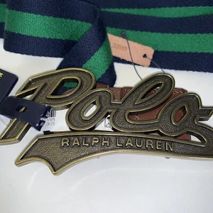 POLO RALPH LAUREN Size 42 Big Buckle Belt Spellout Logo Green/Black Stripe New - Picture 1 of 4