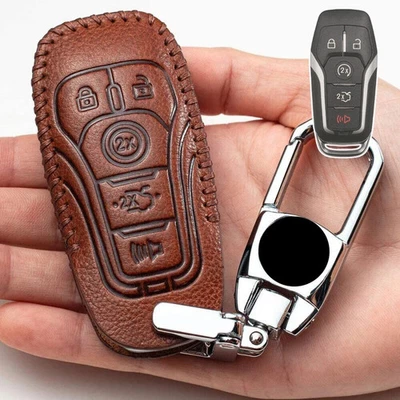 Genuine Leather Car Key Case Cover For Ford Mustang Fusion F-150 Mondeo Explorer - Image 1 of 4