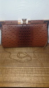 La Miel Vegan Ostrich Clutch Over Shoulder Chain Brown With Gold Accents - Picture 1 of 10