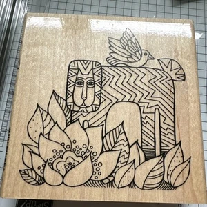 Timbro in gomma LAUREL BURCH Leone con uccellino montato su legno timbro omaggio - Foto 1 di 8