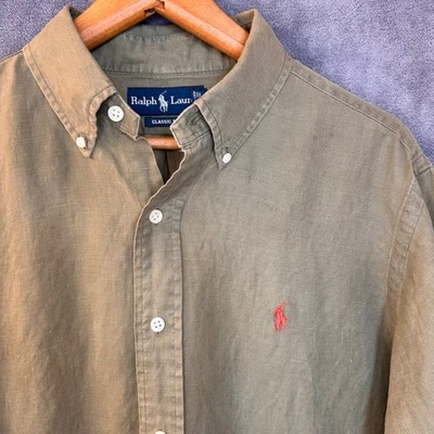 Ralph Lauren Silk Linen Mens Large Olive Long Sleeve Shirt Classic Fit - Image 1 of 4