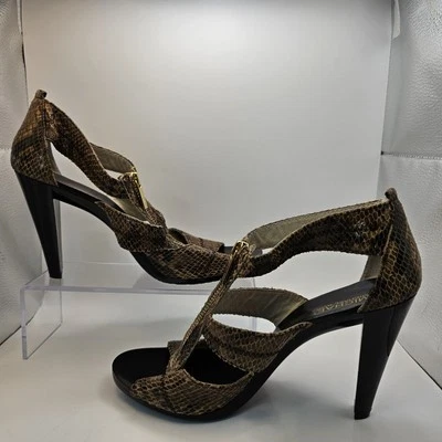 Michael Kors Berkley T-Strap Heels Women's Embossed Leather Sand Brown Size 6 - Image 1 of 4