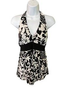 Mujer Babydoll Halter Top L Floral Negro Blanco Corbata Trasera Y2K Boho - Imagen 1 de 6