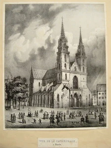 Switzerland Basel Münster Cathedral Church Baselmünster Real Lithograph 1840 - Picture 1 of 1