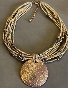 JOAN RIVERS 10 Strand Pearl & Gold & Bronze Tone Glass Bead Pendant Necklace Adj