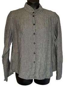 FLAX Charcoal Black Blouse 100% Linen Mandarin Collar Button Womens Large EUC - Picture 1 of 10