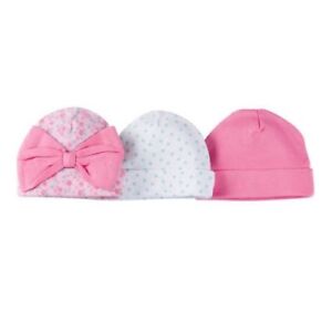 Gerber Girl 3-Pack Pink Flower/Polka Dot Caps Hats Size NB; Baby Clothes Gift