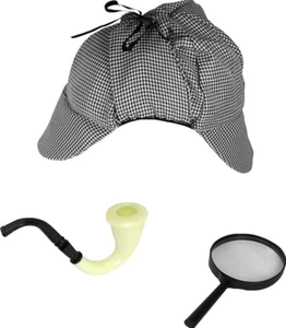 3 PC British Detective Kit Hat Pipe Spyglass Costume Accessory Gray - Picture 1 of 8