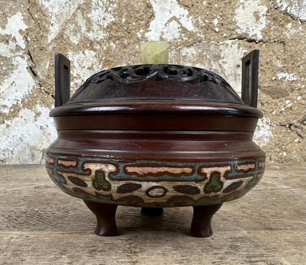 ◇櫟◇ 中国古玩 在銘有 銅製 四方香炉 10cm 720g 台付 唐