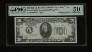 DBR 1934-A $20 FRN New York Fr. 2055-B PMG AU-50 EPQ Serial B88016401A - Picture 1 of 2