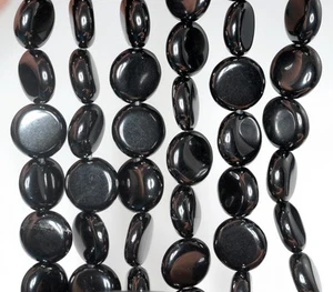 12 mm CUENTAS SUELTAS BOTÓN DE MONEDA REDONDA PLANA JET GEMSTONE NEGRA 15,5 pulgadas - Imagen 1 de 5
