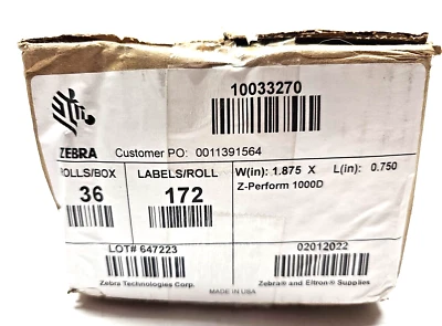 Zebra 36 Rolls 1.875" W x 0.750" L  Z-Perform 1000D, 10033270 - Изображение 1 из 4