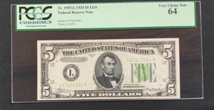 1934 $5 FRN PCGS64 Light Green Seal San Francisco FR1955-L s/n L07101504A Mr. C - Picture 1 of 7