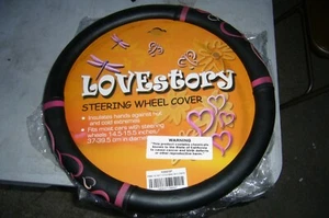 New Love Story Graphic Pink Hearts Black Synthetic Leather Steering Wheel Cover - Picture 1 of 3