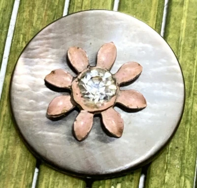 Vintage Ocean Pearl Shell Button Enamel Rhinestone Center Metal Shank 11/16" - Image 1 of 4