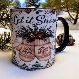 Coffee Mug Christmas “ Let It Snow” Mittens Pinecone 11 Oz Ceramic Holiday - Picture 1 of 1