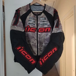 Icon Motorsports Motorcycle Racing Jacket Lg Black Camo Nylon Trim Patches - Bild 1 von 7