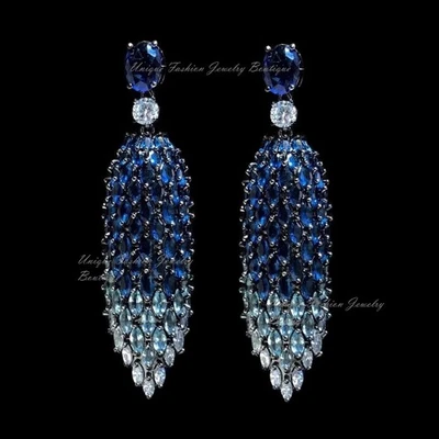 Pendientes largos de boda de zafiro azul marquesa de laboratorio rellenos de oro negro de 18k regalo Foto 1 de 4