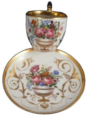 Antique 19thC Schlaggenwald Porcelain Floral Cup & Saucer Porzellan Tasse German - Image 1 of 4