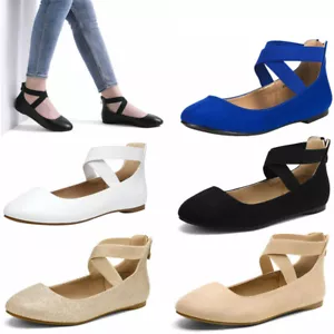 Womens Ballerina Ballet Flat Elastic Ankle Strap Shoes Slip On Flats Casual Shoe - Picture 1 of 46