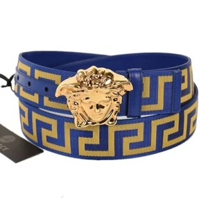 VERSACE Blue GREEK KEY Gold Medusa Buckle Woven Belt 105 42 Italy NEW - Picture 1 of 4