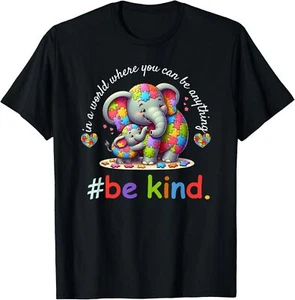 Be Kind Autism Awareness Elephant Mom Baby Puzzle Piece T-Shirt Hoodie - Picture 1 of 12