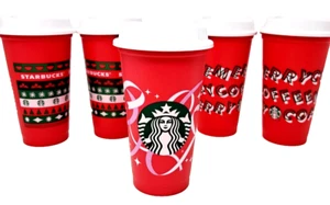 5 Starbucks Christmas Holiday Merry Coffee Reusable Hot Cups 2013 Red 16 oz Lot - Bild 1 von 10