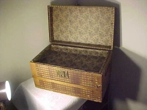 ANTIQUE WOOD & WALLPAPERED CHILDS Original TRUNK + Original TOP Tray INSERT - Picture 1 of 11