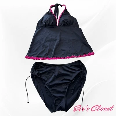 Tankini negro con detalles rosas brillantes Caribbean Joe para mujer talla 12 Foto 1 de 4